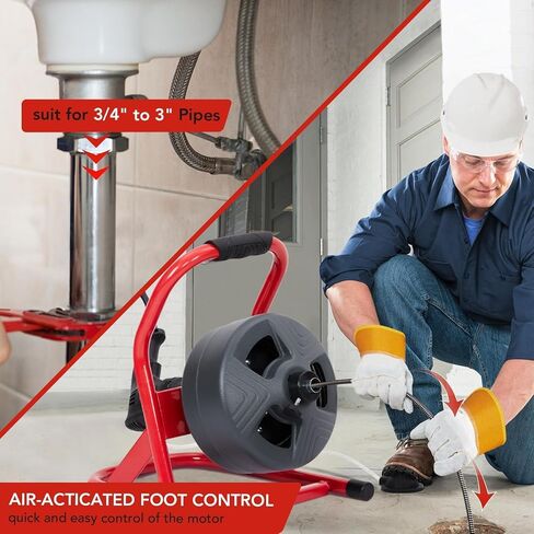 آلة تنظيف الصرف PIONEERWORKS مقاس 50 قدمًا × 5/16 بوصة، أداة تصريف كهربائية احترافية لأنابيب 3/4 إلى 3 بوصة، مفتاح قدم مع 6 قواطع، قفاز، منظف الصرف الصحي ثعبان المجاري - DA04 in Kuwait