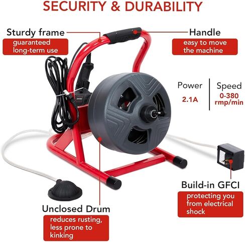 آلة تنظيف الصرف PIONEERWORKS مقاس 50 قدمًا × 5/16 بوصة، أداة تصريف كهربائية احترافية لأنابيب 3/4 إلى 3 بوصة، مفتاح قدم مع 6 قواطع، قفاز، منظف الصرف الصحي ثعبان المجاري - DA04 in Kuwait