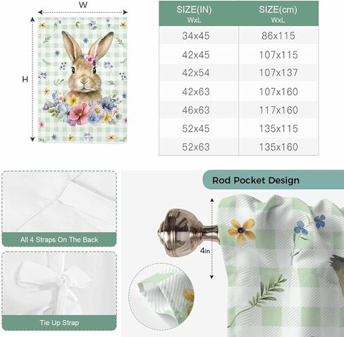 Bunny Easter Tie Up Curtains for Window, Green Plaid Spring Floral Pastoral Thermal Insulated Balloon Shade Adjustable Rod Pocket Curtains Valance Panels for Kitchen Bathroom Café 52'' x 63'' in Saudi Arabia
