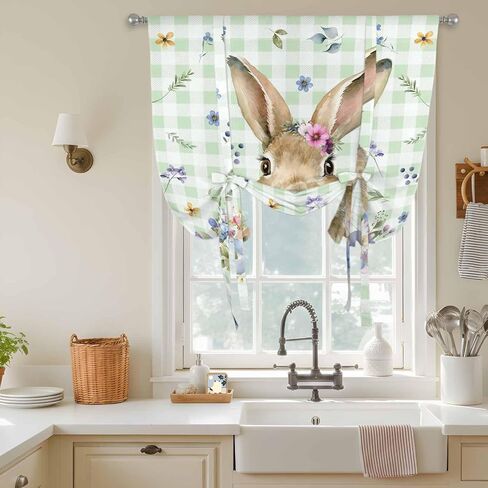 Bunny Easter Tie Up Curtains for Window, Green Plaid Spring Floral Pastoral Thermal Insulated Balloon Shade Adjustable Rod Pocket Curtains Valance Panels for Kitchen Bathroom Café 52'' x 63'' in Saudi Arabia
