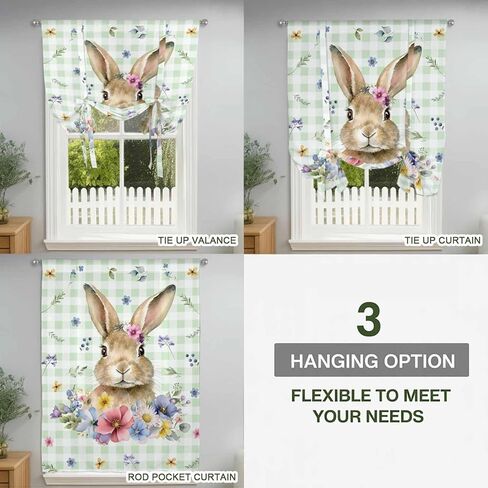 Bunny Easter Tie Up Curtains for Window, Green Plaid Spring Floral Pastoral Thermal Insulated Balloon Shade Adjustable Rod Pocket Curtains Valance Panels for Kitchen Bathroom Café 52'' x 63'' in Saudi Arabia