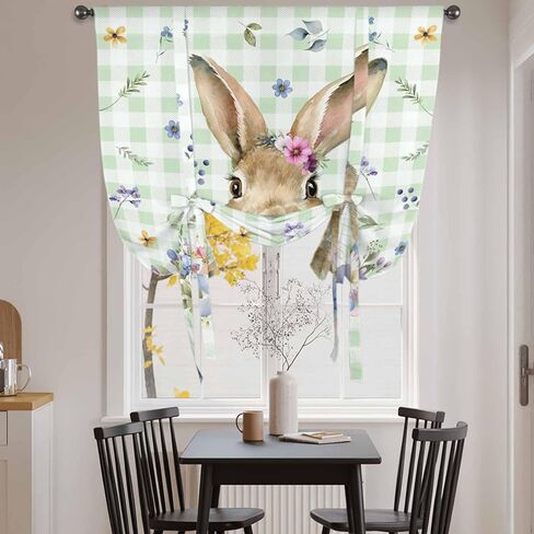 Bunny Easter Tie Up Curtains for Window, Green Plaid Spring Floral Pastoral Thermal Insulated Balloon Shade Adjustable Rod Pocket Curtains Valance Panels for Kitchen Bathroom Café 52'' x 63'' in Saudi Arabia