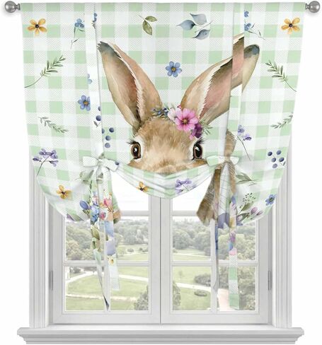 Bunny Easter Tie Up Curtains for Window, Green Plaid Spring Floral Pastoral Thermal Insulated Balloon Shade Adjustable Rod Pocket Curtains Valance Panels for Kitchen Bathroom Café 52'' x 63'' in Saudi Arabia
