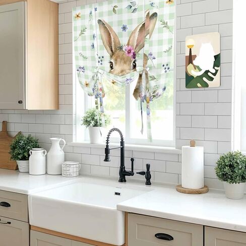 Bunny Easter Tie Up Curtains for Window, Green Plaid Spring Floral Pastoral Thermal Insulated Balloon Shade Adjustable Rod Pocket Curtains Valance Panels for Kitchen Bathroom Café 52'' x 63'' in Saudi Arabia