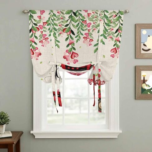 Valentine's Day Tie Up Curtains for Window, Red Plaid Truck Love Roses Leaves Beige Thermal Insulated Balloon Shade Adjustable Rod Pocket Curtains Valance Panels for Kitchen Bathroom Café 52'' x 63'' in Saudi Arabia