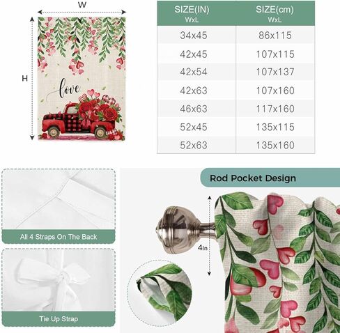 Valentine's Day Tie Up Curtains for Window, Red Plaid Truck Love Roses Leaves Beige Thermal Insulated Balloon Shade Adjustable Rod Pocket Curtains Valance Panels for Kitchen Bathroom Café 52'' x 63'' in Saudi Arabia