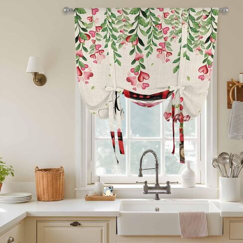 Valentine's Day Tie Up Curtains for Window, Red Plaid Truck Love Roses Leaves Beige Thermal Insulated Balloon Shade Adjustable Rod Pocket Curtains Valance Panels for Kitchen Bathroom Café 52'' x 63'' in Saudi Arabia