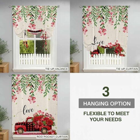 Valentine's Day Tie Up Curtains for Window, Red Plaid Truck Love Roses Leaves Beige Thermal Insulated Balloon Shade Adjustable Rod Pocket Curtains Valance Panels for Kitchen Bathroom Café 52'' x 63'' in Saudi Arabia