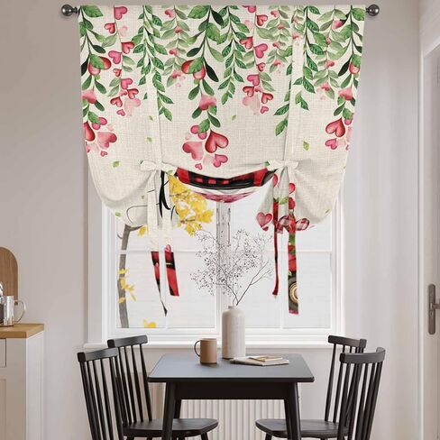 Valentine's Day Tie Up Curtains for Window, Red Plaid Truck Love Roses Leaves Beige Thermal Insulated Balloon Shade Adjustable Rod Pocket Curtains Valance Panels for Kitchen Bathroom Café 52'' x 63'' in Saudi Arabia