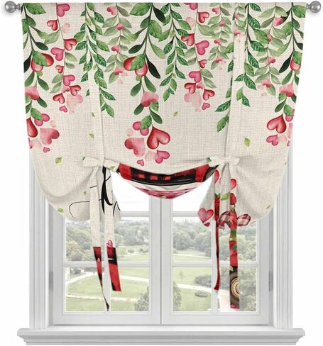 Valentine's Day Tie Up Curtains for Window, Red Plaid Truck Love Roses Leaves Beige Thermal Insulated Balloon Shade Adjustable Rod Pocket Curtains Valance Panels for Kitchen Bathroom Café 52'' x 63'' in Saudi Arabia