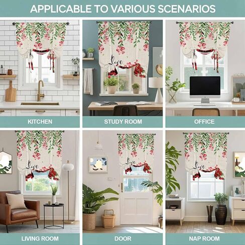 Valentine's Day Tie Up Curtains for Window, Red Plaid Truck Love Roses Leaves Beige Thermal Insulated Balloon Shade Adjustable Rod Pocket Curtains Valance Panels for Kitchen Bathroom Café 52'' x 63'' in Saudi Arabia