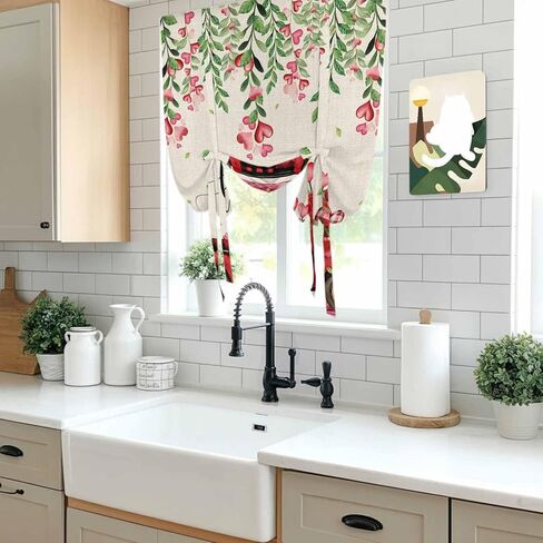 Valentine's Day Tie Up Curtains for Window, Red Plaid Truck Love Roses Leaves Beige Thermal Insulated Balloon Shade Adjustable Rod Pocket Curtains Valance Panels for Kitchen Bathroom Café 52'' x 63'' in Saudi Arabia