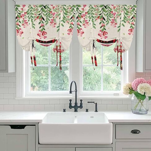 Valentine's Day Tie Up Curtains for Window, Red Plaid Truck Love Roses Leaves Beige Thermal Insulated Balloon Shade Adjustable Rod Pocket Curtains Valance Panels for Kitchen Bathroom Café 52'' x 63'' in Saudi Arabia