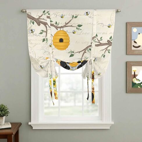 Gnomes Sunflower Tie Up Curtains for Window, Bees Branches Floral Elegant Pastoral Thermal Insulated Balloon Shade Adjustable Rod Pocket Curtains Valance Panels for Kitchen Bathroom Café 42'' x 54'' in Saudi Arabia