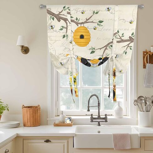 Gnomes Sunflower Tie Up Curtains for Window, Bees Branches Floral Elegant Pastoral Thermal Insulated Balloon Shade Adjustable Rod Pocket Curtains Valance Panels for Kitchen Bathroom Café 42'' x 54'' in Saudi Arabia