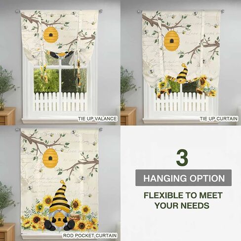 Gnomes Sunflower Tie Up Curtains for Window, Bees Branches Floral Elegant Pastoral Thermal Insulated Balloon Shade Adjustable Rod Pocket Curtains Valance Panels for Kitchen Bathroom Café 42'' x 54'' in Saudi Arabia