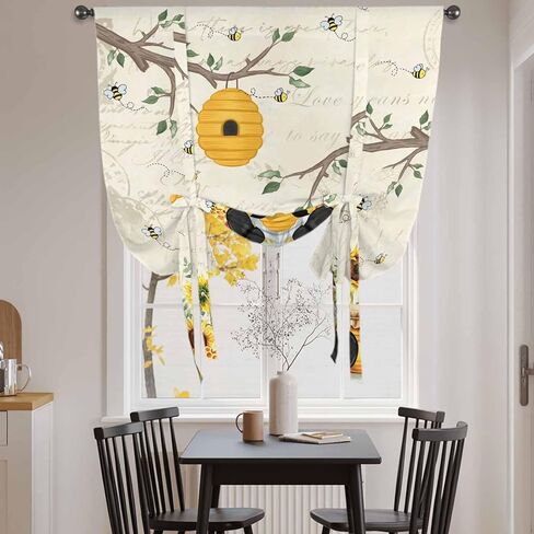 Gnomes Sunflower Tie Up Curtains for Window, Bees Branches Floral Elegant Pastoral Thermal Insulated Balloon Shade Adjustable Rod Pocket Curtains Valance Panels for Kitchen Bathroom Café 42'' x 54'' in Saudi Arabia