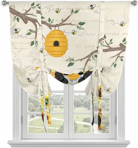 Gnomes Sunflower Tie Up Curtains for Window, Bees Branches Floral Elegant Pastoral Thermal Insulated Balloon Shade Adjustable Rod Pocket Curtains Valance Panels for Kitchen Bathroom Café 42'' x 54'' in Saudi Arabia