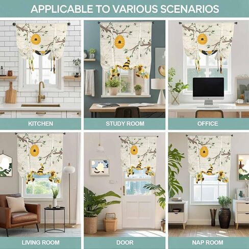 Gnomes Sunflower Tie Up Curtains for Window, Bees Branches Floral Elegant Pastoral Thermal Insulated Balloon Shade Adjustable Rod Pocket Curtains Valance Panels for Kitchen Bathroom Café 42'' x 54'' in Saudi Arabia