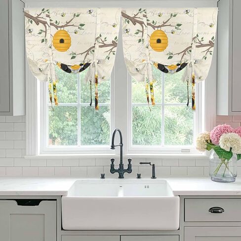 Gnomes Sunflower Tie Up Curtains for Window, Bees Branches Floral Elegant Pastoral Thermal Insulated Balloon Shade Adjustable Rod Pocket Curtains Valance Panels for Kitchen Bathroom Café 42'' x 54'' in Saudi Arabia