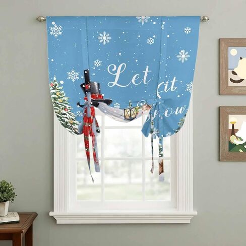 Blue Snowman Christmas Tie Up Curtains for Window, Xmas Tree Snowflake Gifts Thermal Insulated Balloon Shade Adjustable Rod Pocket Curtains Valance Panels for Kitchen Bathroom Café 52'' x 45'' in Saudi Arabia