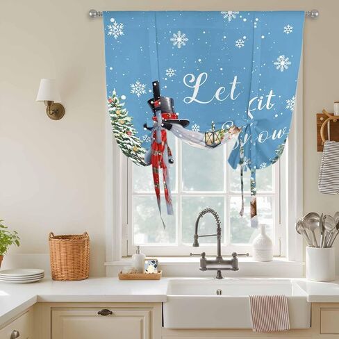 Blue Snowman Christmas Tie Up Curtains for Window, Xmas Tree Snowflake Gifts Thermal Insulated Balloon Shade Adjustable Rod Pocket Curtains Valance Panels for Kitchen Bathroom Café 52'' x 45'' in Saudi Arabia