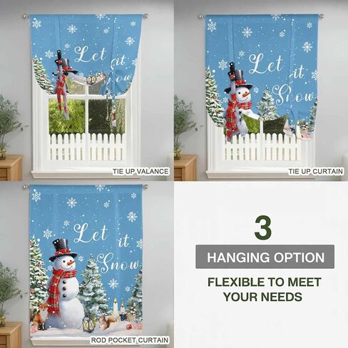 Blue Snowman Christmas Tie Up Curtains for Window, Xmas Tree Snowflake Gifts Thermal Insulated Balloon Shade Adjustable Rod Pocket Curtains Valance Panels for Kitchen Bathroom Café 52'' x 45'' in Saudi Arabia