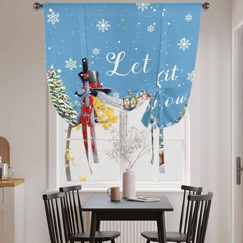 Blue Snowman Christmas Tie Up Curtains for Window, Xmas Tree Snowflake Gifts Thermal Insulated Balloon Shade Adjustable Rod Pocket Curtains Valance Panels for Kitchen Bathroom Café 52'' x 45'' in Saudi Arabia