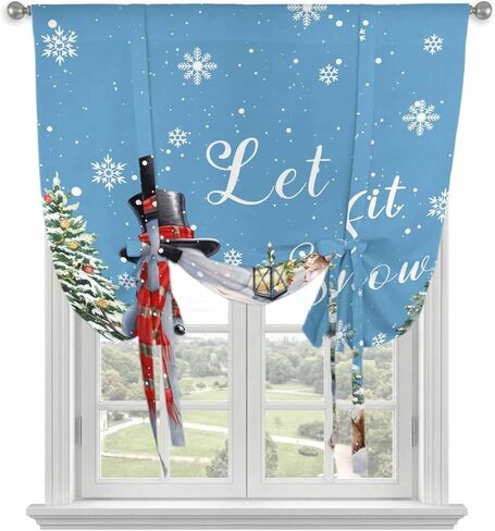 Blue Snowman Christmas Tie Up Curtains for Window, Xmas Tree Snowflake Gifts Thermal Insulated Balloon Shade Adjustable Rod Pocket Curtains Valance Panels for Kitchen Bathroom Café 52'' x 45'' in Saudi Arabia