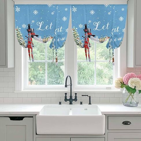 Blue Snowman Christmas Tie Up Curtains for Window, Xmas Tree Snowflake Gifts Thermal Insulated Balloon Shade Adjustable Rod Pocket Curtains Valance Panels for Kitchen Bathroom Café 52'' x 45'' in Saudi Arabia
