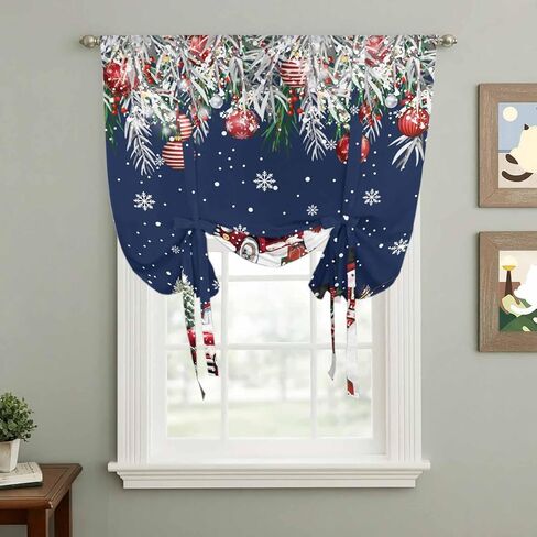 Navy Blue Christmas Tie Up Curtains for Window, Snowman Xmas Truck Balls Tree Thermal Insulated Balloon Shade Adjustable Rod Pocket Curtains Valance Panels for Kitchen Bathroom Café 52'' x 63'' in Saudi Arabia
