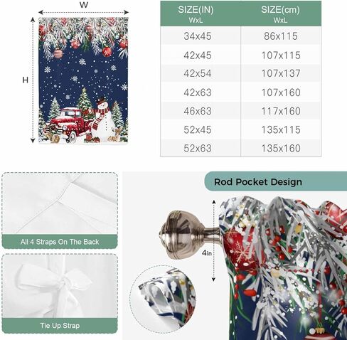 Navy Blue Christmas Tie Up Curtains for Window, Snowman Xmas Truck Balls Tree Thermal Insulated Balloon Shade Adjustable Rod Pocket Curtains Valance Panels for Kitchen Bathroom Café 52'' x 63'' in Saudi Arabia