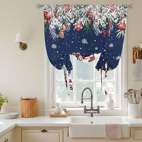 Navy Blue Christmas Tie Up Curtains for Window, Snowman Xmas Truck Balls Tree Thermal Insulated Balloon Shade Adjustable Rod Pocket Curtains Valance Panels for Kitchen Bathroom Café 52'' x 63'' in Saudi Arabia