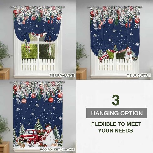 Navy Blue Christmas Tie Up Curtains for Window, Snowman Xmas Truck Balls Tree Thermal Insulated Balloon Shade Adjustable Rod Pocket Curtains Valance Panels for Kitchen Bathroom Café 52'' x 63'' in Saudi Arabia