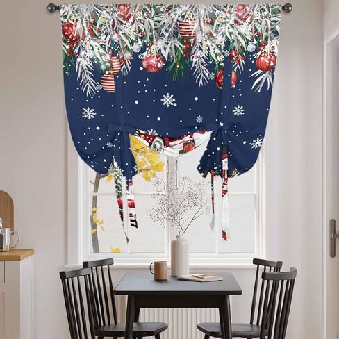 Navy Blue Christmas Tie Up Curtains for Window, Snowman Xmas Truck Balls Tree Thermal Insulated Balloon Shade Adjustable Rod Pocket Curtains Valance Panels for Kitchen Bathroom Café 52'' x 63'' in Saudi Arabia