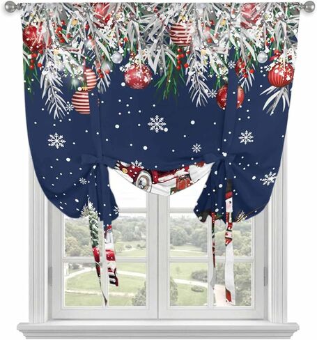 Navy Blue Christmas Tie Up Curtains for Window, Snowman Xmas Truck Balls Tree Thermal Insulated Balloon Shade Adjustable Rod Pocket Curtains Valance Panels for Kitchen Bathroom Café 52'' x 63'' in Saudi Arabia