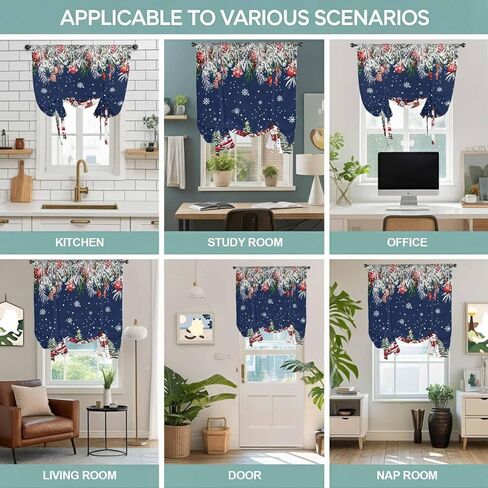 Navy Blue Christmas Tie Up Curtains for Window, Snowman Xmas Truck Balls Tree Thermal Insulated Balloon Shade Adjustable Rod Pocket Curtains Valance Panels for Kitchen Bathroom Café 52'' x 63'' in Saudi Arabia