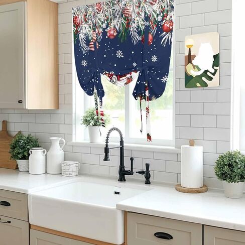 Navy Blue Christmas Tie Up Curtains for Window, Snowman Xmas Truck Balls Tree Thermal Insulated Balloon Shade Adjustable Rod Pocket Curtains Valance Panels for Kitchen Bathroom Café 52'' x 63'' in Saudi Arabia