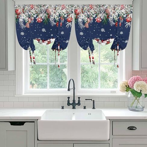 Navy Blue Christmas Tie Up Curtains for Window, Snowman Xmas Truck Balls Tree Thermal Insulated Balloon Shade Adjustable Rod Pocket Curtains Valance Panels for Kitchen Bathroom Café 52'' x 63'' in Saudi Arabia