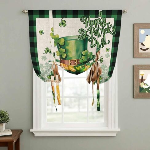 St Patricks Day Tie Up Curtains for Window, Farmhouse Watercolor Dogs Green Shamrock Thermal Insulated Balloon Shade Adjustable Rod Pocket Curtains Valance Panels for Kitchen Bathroom Café 42'' x 63'' in Saudi Arabia