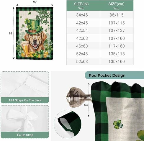St Patricks Day Tie Up Curtains for Window, Farmhouse Watercolor Dogs Green Shamrock Thermal Insulated Balloon Shade Adjustable Rod Pocket Curtains Valance Panels for Kitchen Bathroom Café 42'' x 63'' in Saudi Arabia