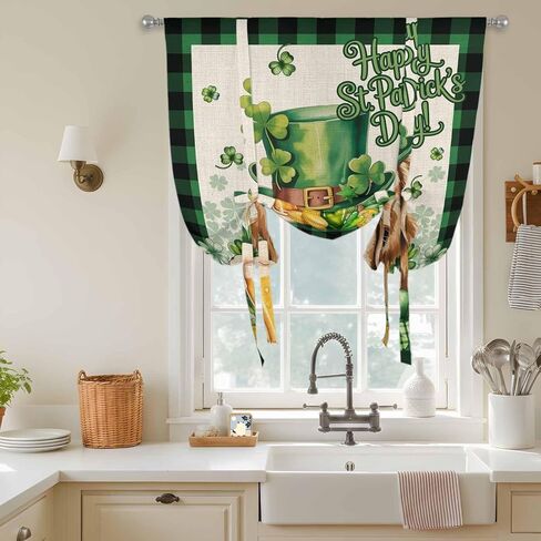 St Patricks Day Tie Up Curtains for Window, Farmhouse Watercolor Dogs Green Shamrock Thermal Insulated Balloon Shade Adjustable Rod Pocket Curtains Valance Panels for Kitchen Bathroom Café 42'' x 63'' in Saudi Arabia