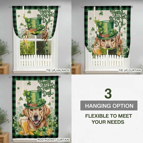 St Patricks Day Tie Up Curtains for Window, Farmhouse Watercolor Dogs Green Shamrock Thermal Insulated Balloon Shade Adjustable Rod Pocket Curtains Valance Panels for Kitchen Bathroom Café 42'' x 63'' in Saudi Arabia