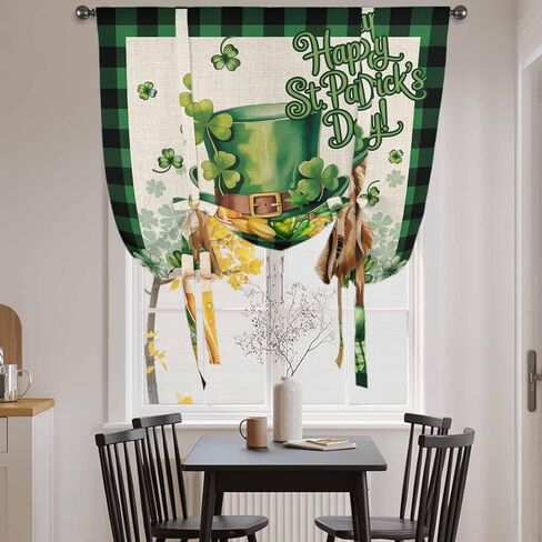 St Patricks Day Tie Up Curtains for Window, Farmhouse Watercolor Dogs Green Shamrock Thermal Insulated Balloon Shade Adjustable Rod Pocket Curtains Valance Panels for Kitchen Bathroom Café 42'' x 63'' in Saudi Arabia