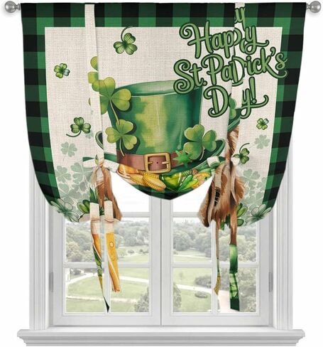 St Patricks Day Tie Up Curtains for Window, Farmhouse Watercolor Dogs Green Shamrock Thermal Insulated Balloon Shade Adjustable Rod Pocket Curtains Valance Panels for Kitchen Bathroom Café 42'' x 63'' in Saudi Arabia