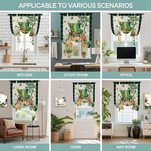 St Patricks Day Tie Up Curtains for Window, Farmhouse Watercolor Dogs Green Shamrock Thermal Insulated Balloon Shade Adjustable Rod Pocket Curtains Valance Panels for Kitchen Bathroom Café 42'' x 63'' in Saudi Arabia