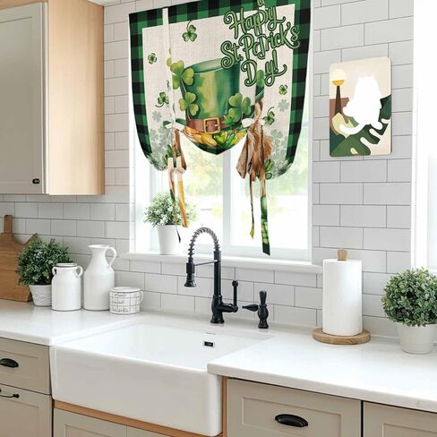 St Patricks Day Tie Up Curtains for Window, Farmhouse Watercolor Dogs Green Shamrock Thermal Insulated Balloon Shade Adjustable Rod Pocket Curtains Valance Panels for Kitchen Bathroom Café 42'' x 63'' in Saudi Arabia