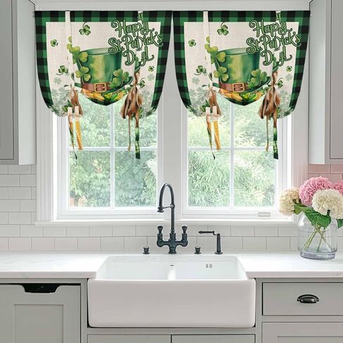 St Patricks Day Tie Up Curtains for Window, Farmhouse Watercolor Dogs Green Shamrock Thermal Insulated Balloon Shade Adjustable Rod Pocket Curtains Valance Panels for Kitchen Bathroom Café 42'' x 63'' in Saudi Arabia
