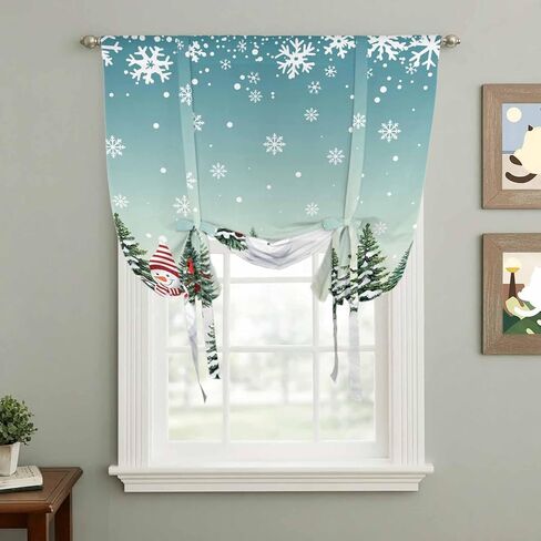 Christmas Snowman Tie Up Curtains for Window, Xmas Snowflake Tree Winter Thermal Insulated Balloon Shade Adjustable Rod Pocket Curtains Valance Panels for Kitchen Bathroom Café 42'' x 54'' in Saudi Arabia
