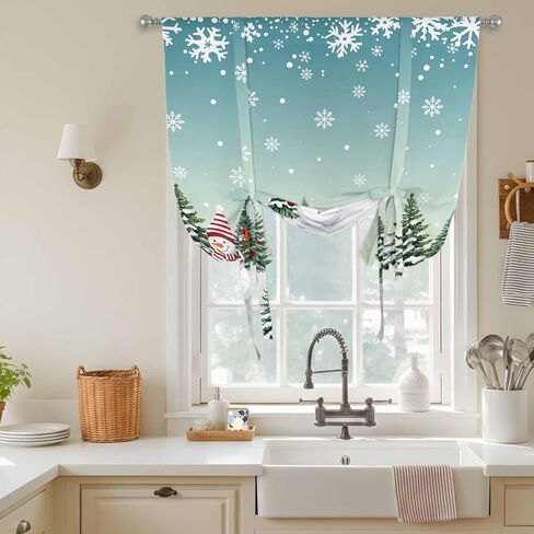 Christmas Snowman Tie Up Curtains for Window, Xmas Snowflake Tree Winter Thermal Insulated Balloon Shade Adjustable Rod Pocket Curtains Valance Panels for Kitchen Bathroom Café 42'' x 54'' in Saudi Arabia